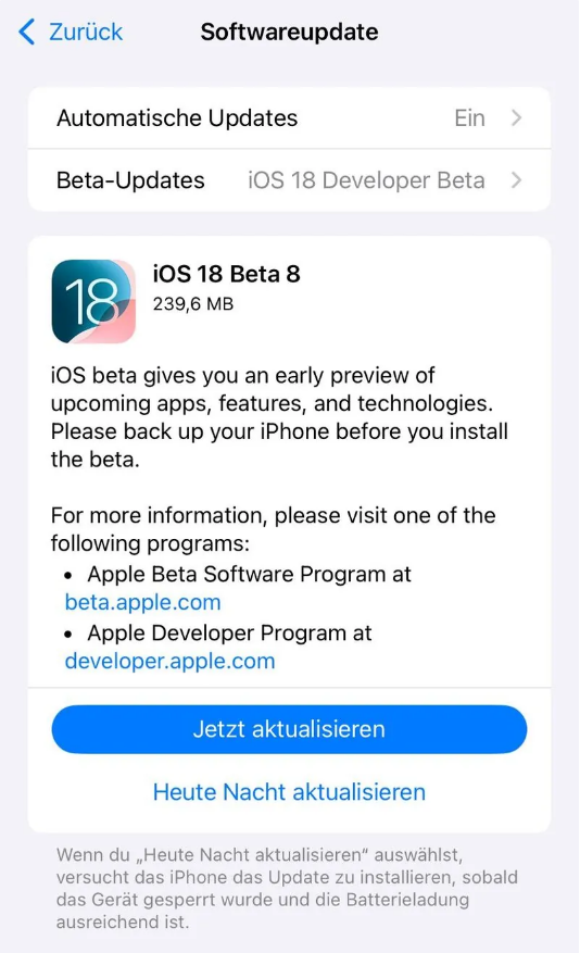 深泽苹果手机维修分享苹果 iOS / iPadOS 18 开发者预览版 Beta 8 发布 